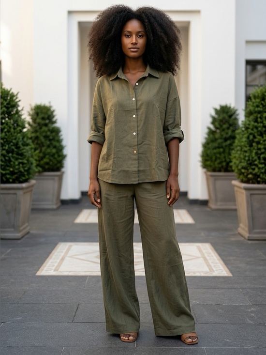 doublju Pants - Doublju  2pcs Olive Green Wide-Leg Pants with matching top